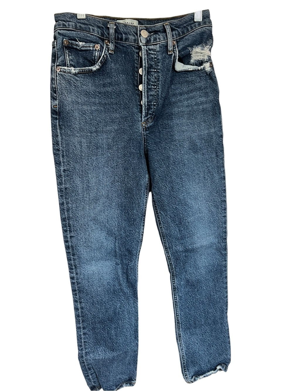 Agolde Dark Blue Buttonfly Denim Jeans - Classic Waistband Detail